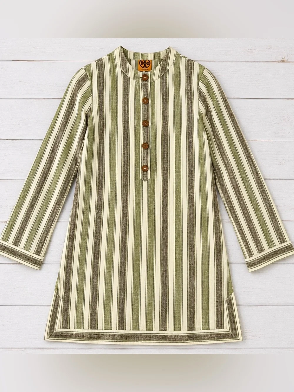 Tory Burch Linen Striped Tunic Dress Size 6 Olive Boho Pockets